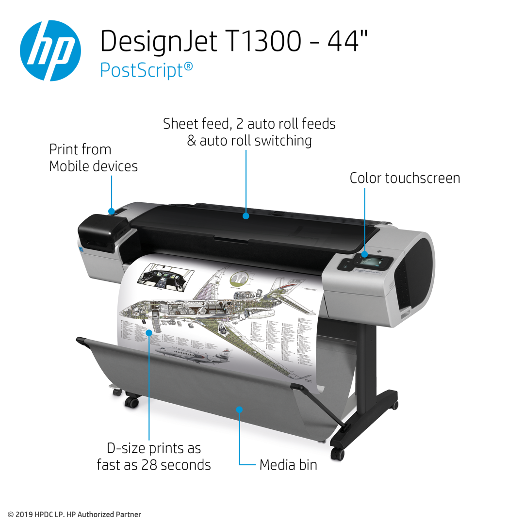 HP DesignJet T1300 Large Format Dual-Roll PostScript® Printer - 44